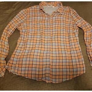 Riders by Lee Women’s Large Plaid Button Up Shirt Apricot Blue L Sleeve Cotton